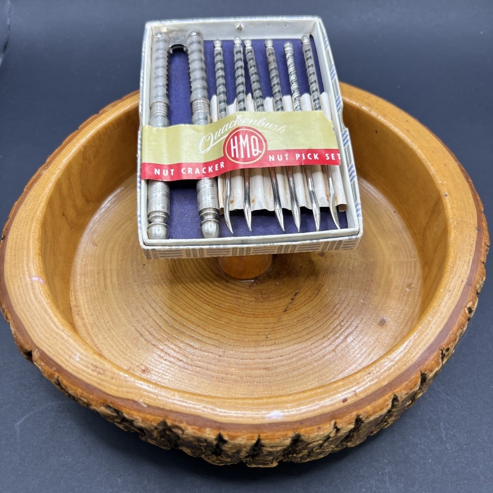 VTG Wooden Nut Bowl Live Edge Round Dish Nut Cracker Quakenbush Pick Set